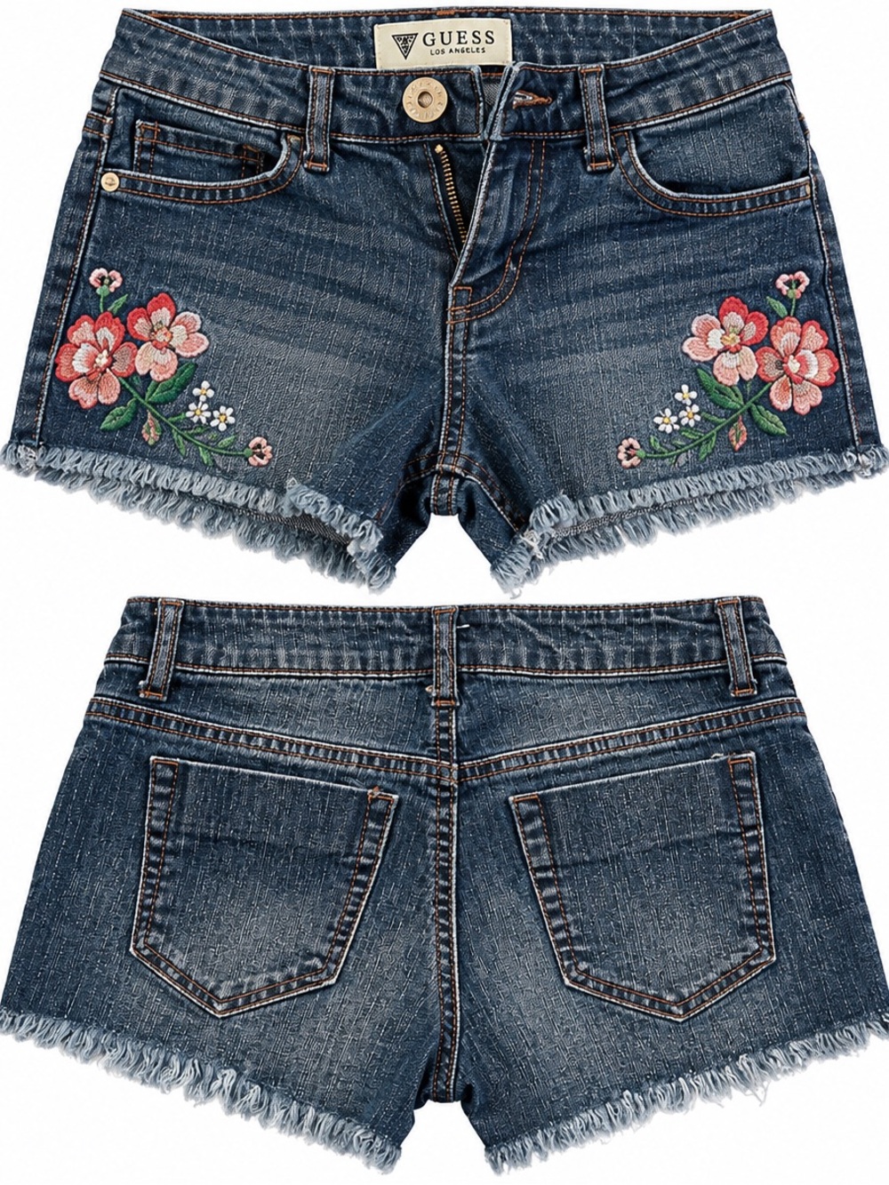 GUESS Denim Floral Embroidered Frayed Hem Shorts in Dark Blue